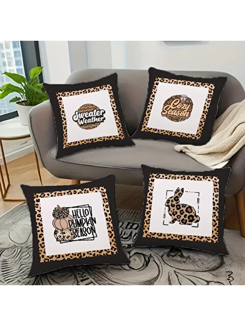Evmila Sonbahar Desenli Kadife 4 lü Kırlent Kılıf Seti 43x43 cm   Dekoratif Yastık Kılıfı - S000321670-23173