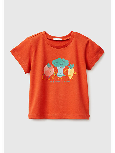 United Colors Of Benetton Bebek Kırmızı Omzu Gizli Çıtçıtlı Baskılı Kısa Kollu T-Shirt