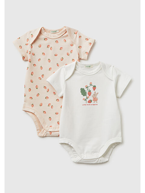 United Colors Of Benetton Bebek Beyaz Mix Baskılı Düz Yakalı Kısa Kollu 2'li Body Seti