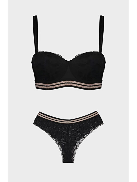 NBB Siyah Rose Silvery Simli Straplez Sütyen Takımı - S000447599-19351