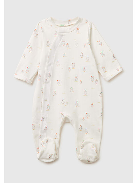 United Colors Of Benetton Bebek Ekru Gizli Çıtçıtlı Tamamı Desenli Uzun Kollu Tulum