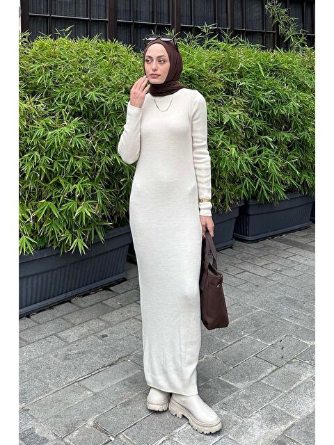 Lamelif Bisiklet Yaka Triko Elbise Krem - S000517736-19966