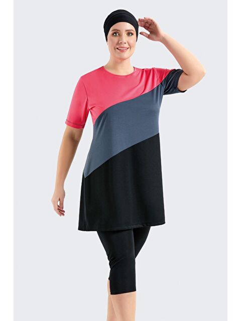 C&City Büyük Beden Kısa Kol Taytlı Yarım Kapalı Tesettür Mayo C11206 Siyah - S000215943-19351