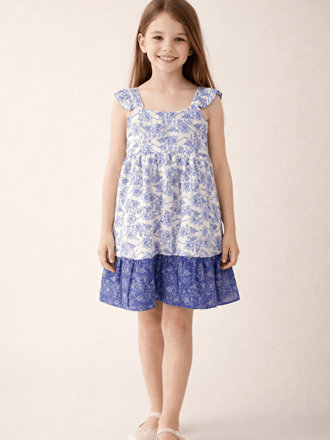 Luggi Baby Kare Yaka Çiçek Desenli Kız Çocuk Elbise