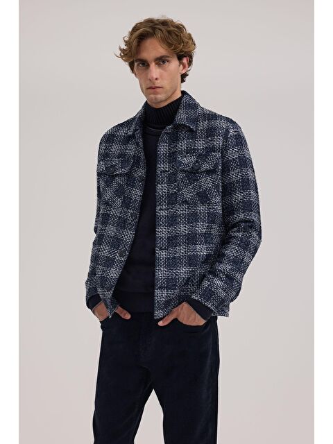 JAKAMEN Lacivert Comfort Fit Ekoseli Gömlek Yaka Ceket - S000496580-21164