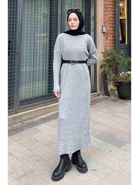 Lamelif Fitilli Triko Uzun Elbise Gri