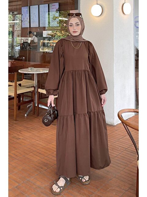 Lamelif Balon Kol Katlı Yazlık Elbise Acı Kahverengi - S000515205-28102