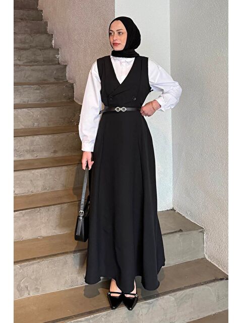 Lamelif Düğme Detaylı Kolsuz Tesettür Elbise Siyah - S000517744-19351