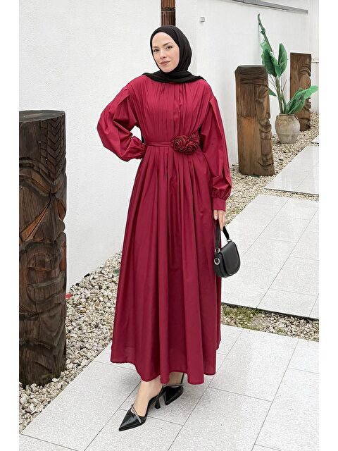 Lamelif Pileli Poplin Elbise Bordo - S000517745-19951