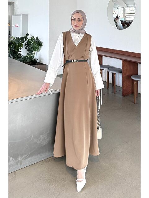 Lamelif Düğme Detaylı Kolsuz Tesettür Elbise Çikolata Kahve - S000517744-20637