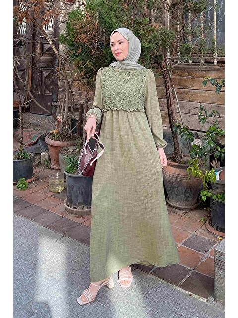 Lamelif Dantel Örgü Detaylı Elbise Haki - S000517743-18547