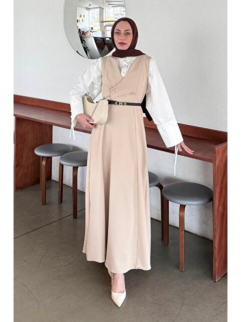 Lamelif Düğme Detaylı Kolsuz Tesettür Elbise Bej - S000517744-19928