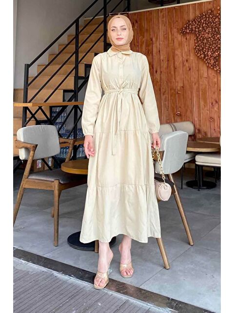 Lamelif Yarım Düğme Detaylı Terikoton Elbise Taş - S000517728-25636