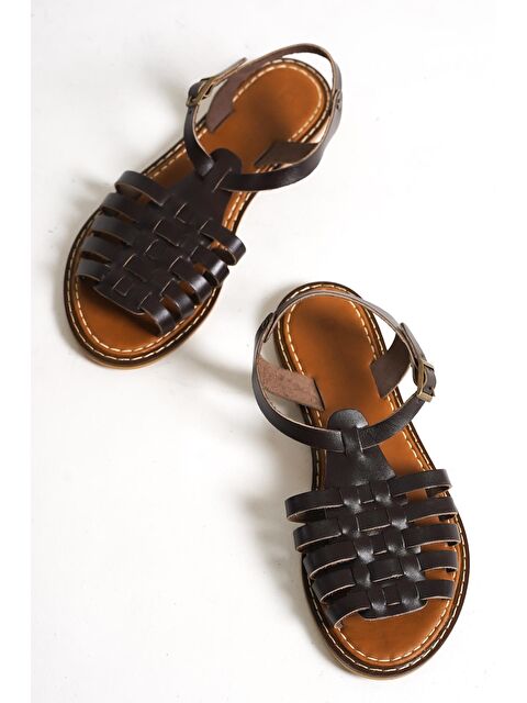 Capone Outfitters Yuvarlak Burunlu Gladyatör Bantlı Kadın Deri Sandalet - S000176980-19413