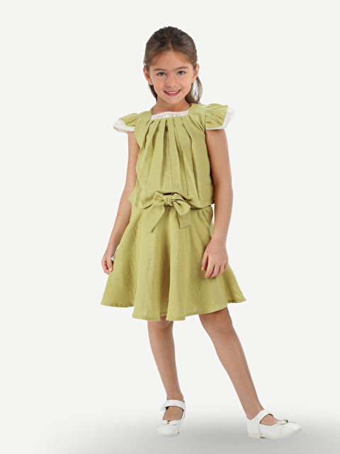 Casabony Fıstık Yeşil Muslin Dantelli Kız Çocuk Tunik + Etekli Takım - S000344995-19972