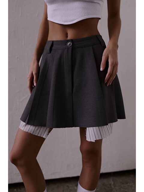 Mai Collection Rina Pileli Füme Mini Etek - S000511545-33408