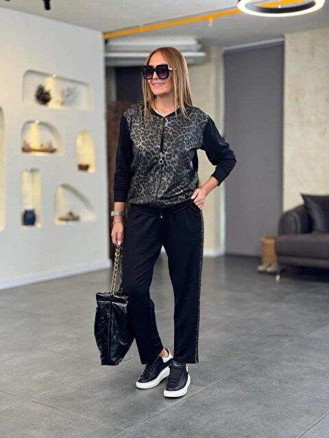 Jane's Kadın Uzun Kollu önden Fermuarlı Leopar Desenli Viskon Iki Iplik Bluz Ve Pantolon Ikili Takım