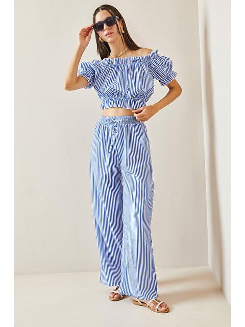 Xhan Mavi Beli Lastikli Çizgili Crop Takım 5YXK8-48834-12 - S000237637-17234