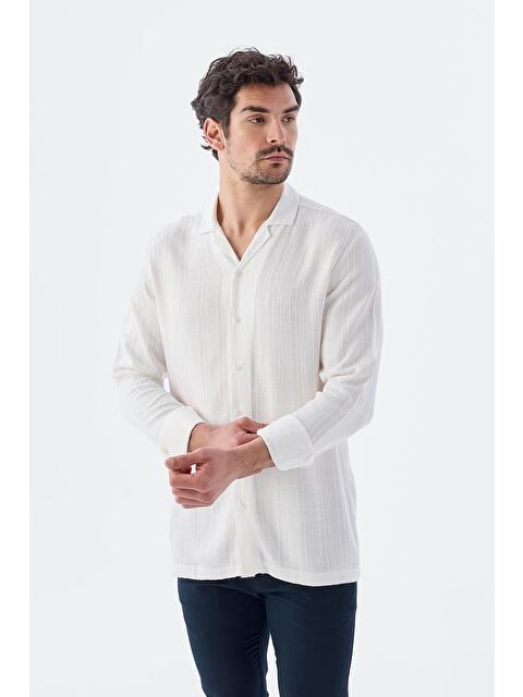 JAKAMEN Beyaz Klasik Fit Apaş Yaka Çizgili %100 Pamuk Bohem Gömlek - S000495868-20063