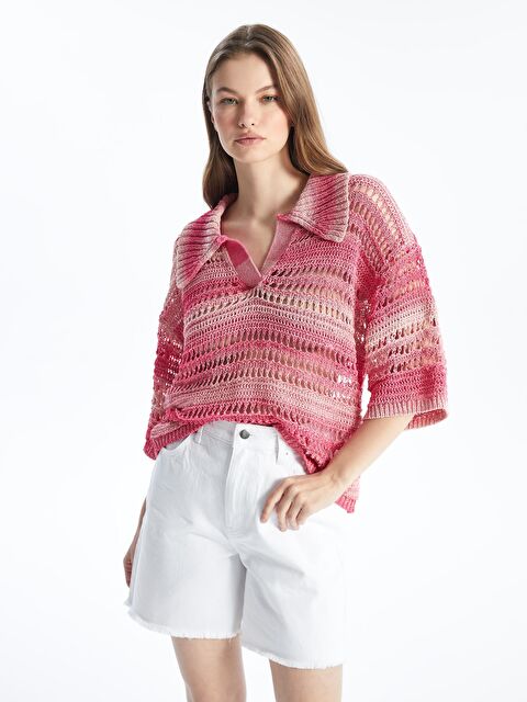 Dexia Miami - Örgü Detaylı Çizgili Kısa Kollu Triko Bluz - Pembe Stripe - S000205310-20024