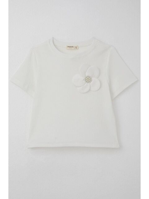 Breeze Kız Çocuk Tişört Çiçek Aksesuarlı İnci Detaylı Ekru (9-14 Yaş) - S000505637-19965