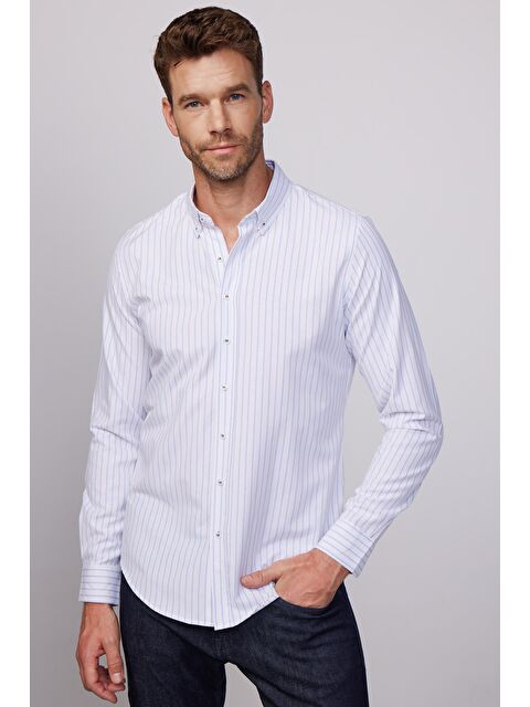TUDORS Slim Fit Uzun Kollu Çizgili Yaka Düğmeli Erkek Gömlek - S000128340-23173