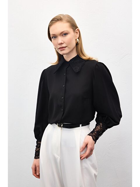 SATEEN Dantel Manşetli Gömlek - Siyah - S000511554-19351