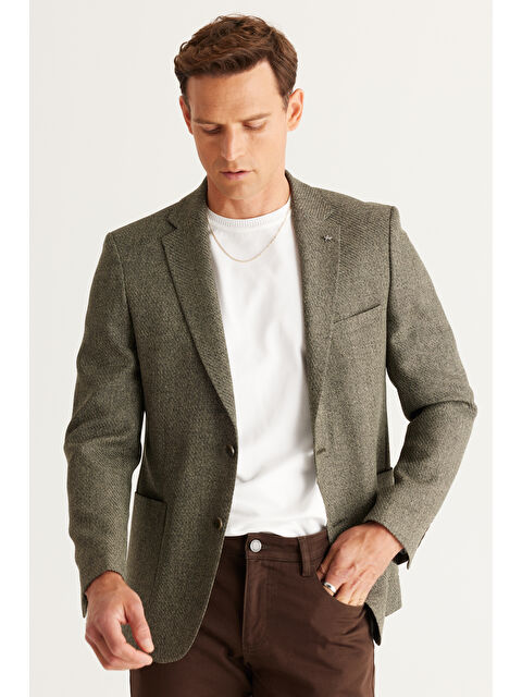 Altınyıldız Classics Erkek Haki Slim Fit Dar Kesim Mono Yaka Desenli Ceket - S000403266-18547