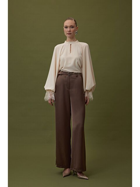SATEEN Lisa Kemer Detaylı Saten Pantolon - Kahve - S000505904-19413