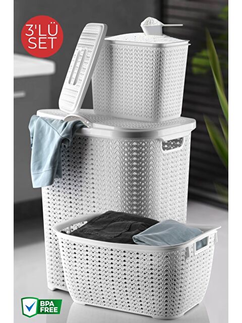 Nandy Home 3 lü Set Dekoratif Örgü Desenli Banyo Kirli Sepeti  Deterjan Kutusu Ve Çok Amaçlı Sepet BEJ - S000326705-20063