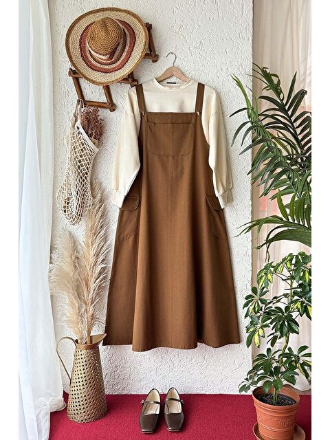 Ceylan Otantik Acı Kahve Keten Etekli Salopet & Krem Ahsen Crop - S000197138-19413