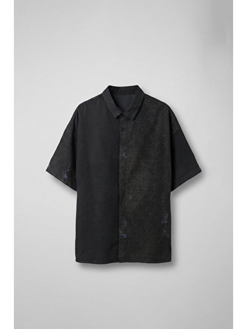 Abluka Online Erkek Kısa Kollu Desenli Oversize Gömlek Siyah - S000530515-19351