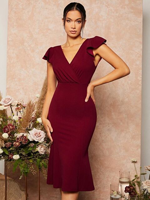 Jane's Kadın Kısa Kelebek Kollu Kruvaze Yaka Ithal Krep Midi Elbise - S000527865-19951