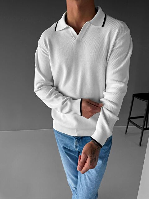 Abluka Online Erkek Polo Yaka İnce Fitilli Kazak Ekru - S000295107-19965