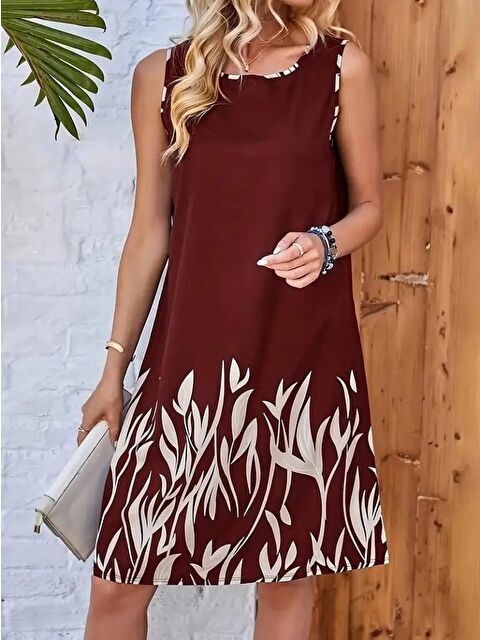 Jane's Kadın Askılı Yuvarlak Yakalı Yaprak Desenli Dalgıç Elbise - S000527867-19951