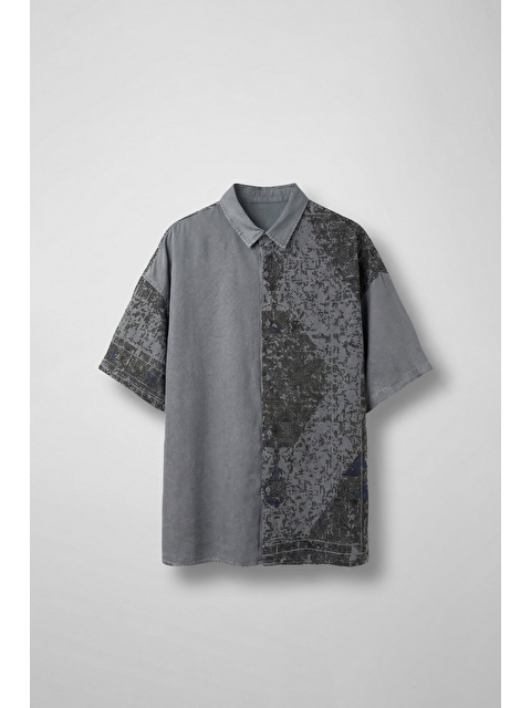 Abluka Online Erkek Kısa Kollu Desenli Oversize Gömlek Gri - S000530515-20600