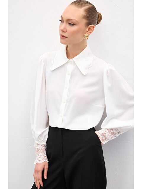 SATEEN Dantel Manşetli Gömlek - Ekru - S000511554-19965