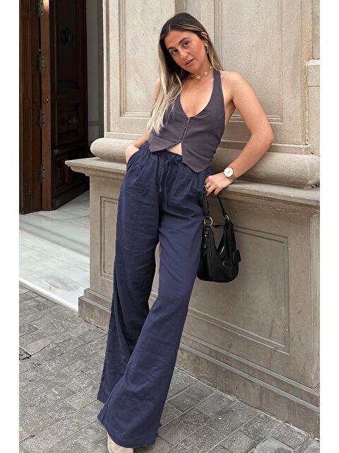 Madmext Lacivert Beli Büzgülü Wide Leg Kumaş Pantolon Mg1950
