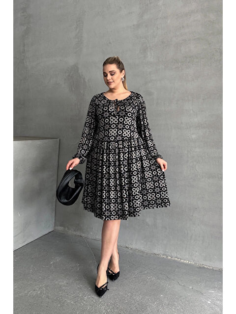 Stil Diva Büyük Beden Uzun Kollu Yakası Bağlamalı Eteği Pileli Elbise 100-75 - S000350517-19351