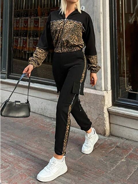 Jane's Kadın Uzun Kollu Kapüşonlu Leopar Desenli Viskon Iki Iplik Bluz Ve Pantolon Ikili Takım