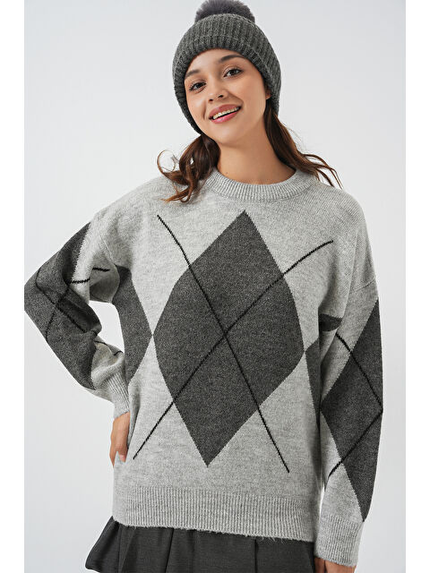 Bigdart 15895 Baklava Desenli Oversize Triko Kazak - F.Gri - S000291467-127