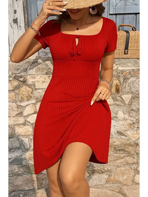 Jane's Kadın Kısa Kollu Kare Yakalı Bağcıklı Kaşkorse Elbise - S000527879-19951