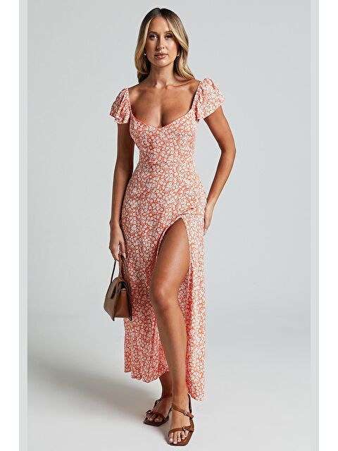 Madmext Turuncu Desenli Yırtmaçlı Uzun Elbise Mg2004 - S000175633-20013