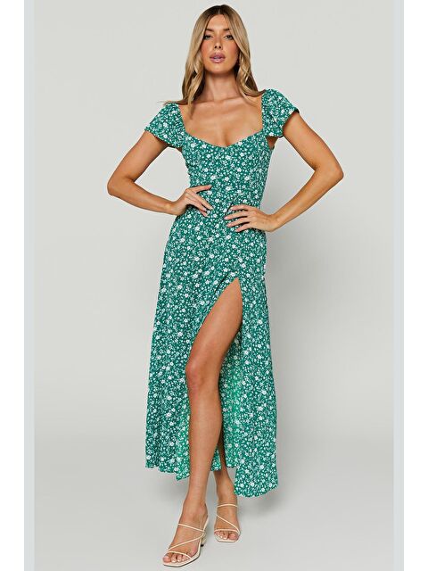 Madmext Yeşil Desenli Yırtmaçlı Uzun Elbise Mg2004 - S000175633-18194