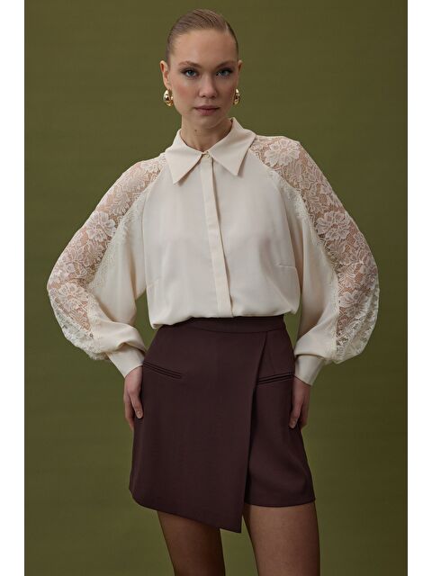 SATEEN Kolları Dantel Detaylı Gömlek - Bej - S000511556-19928
