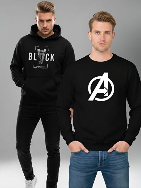Trendseninle Erkek Siyah Grafik A Bisiklet Yaka + Özel Black Kapüşonlu Baskılı Regular Sweatshirt - S000500658-19351