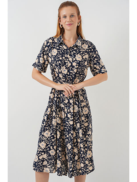 Bigdart Kadın Kısa Kol Desenli Elbise 2560 - Lacivert - S000411816-21164