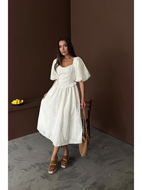 Jane's Ekru Balon Kollu Dantelli Brode Elbise - S000527881-19965