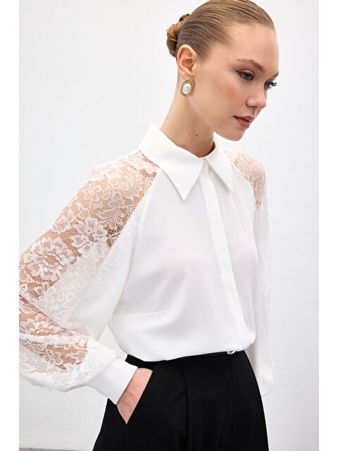SATEEN Kolları Dantel Detaylı Gömlek - Ekru - S000511556-19965