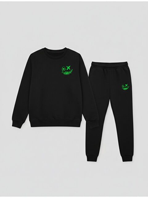 Trendseninle Erkek Siyah XXXX Baskılı Bisiklet Yaka Alt Üst Eşofman Takımı - S000500659-19351